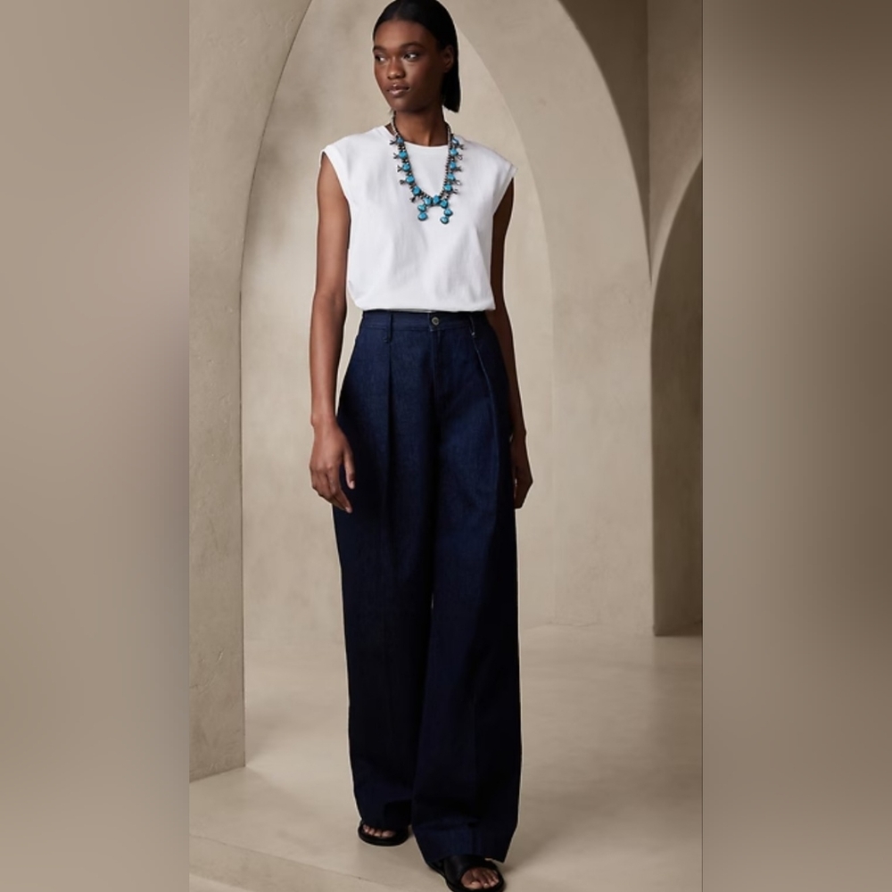Banana Republic-Organic Cotton Ĉote High Rise Wide Leg Pleated Jeans Sz 29 - Picture 8 of 10